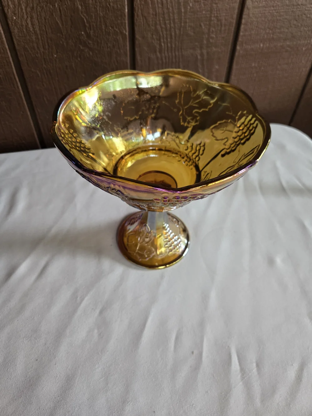 Vintage Indiana Marigold Amber Carnival Glass Harvest Grape Design Compote
